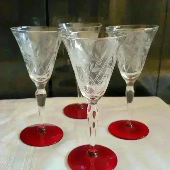 Set of 4-Etched Ruby Based Cordials - Picture 1 of 5